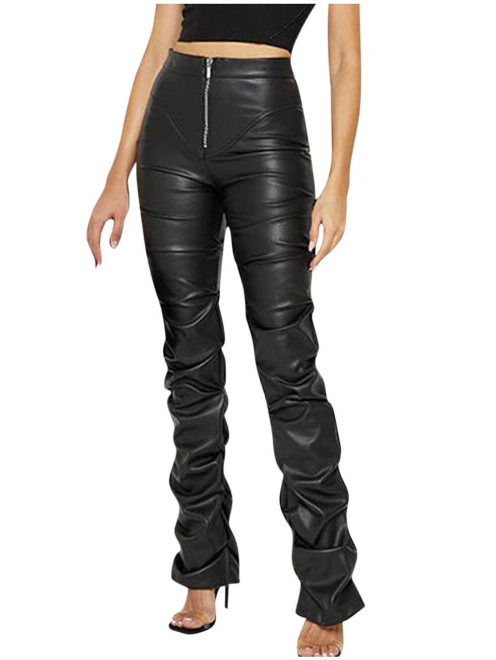 Black Faux Leather Ruched Stacked Pants High Rise Stretch Moto Y2K M